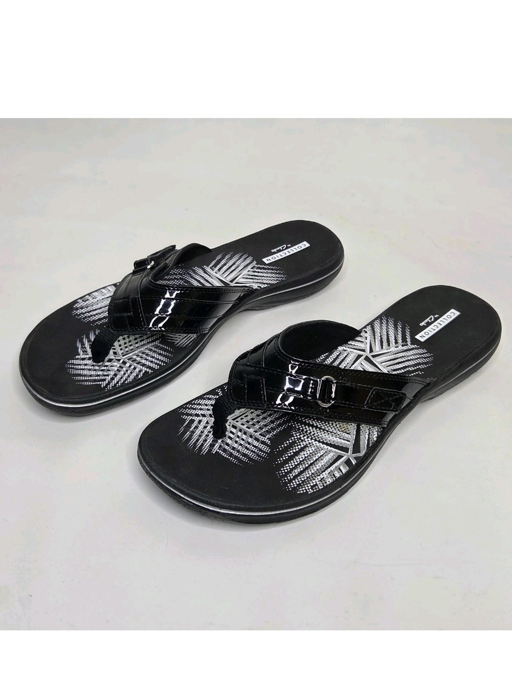 Clarks Collection Breeze Sea Sandals Womens 9 Flip Flops Black Patent Casual